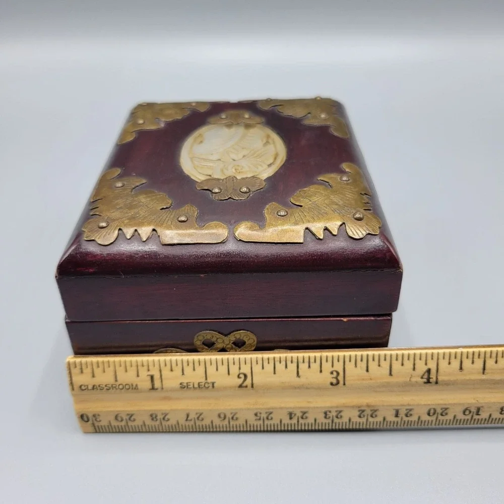 Vtg Chinese Wood Brass Carved White Jade Medallion Ornate Jewelry Box 4.25